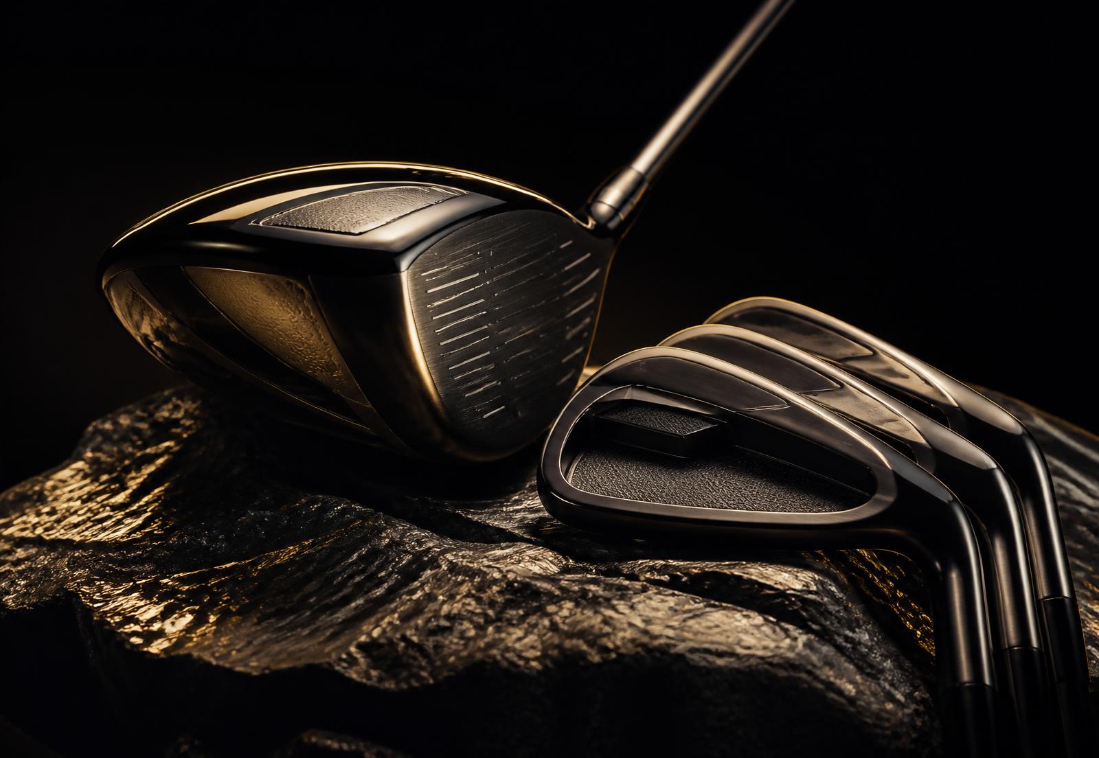 Premium golfdriver en gesmede ijzers op donker gesteente in warm goudlicht